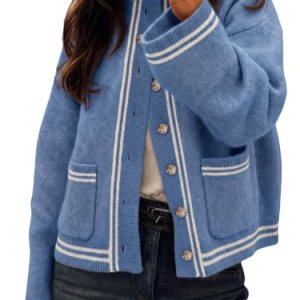Chunky Knit Cardigan Striped Trim