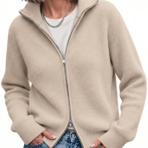 Zip-Up Cardigan Sweater Ribbed Knit