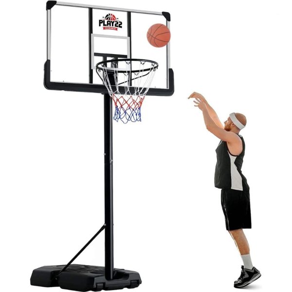 Play22 - Portable Basketball Hoop System with 44 Shatterproof Backboard, Adjustable Height 810 ft, Outdoor Goal Stand - Black