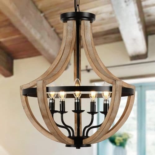 LUCKY ONE - 19in Farmhouse 5-Light Chandelier, Height Adjustable Dining Room Pendant for Kitchen Island - Wood