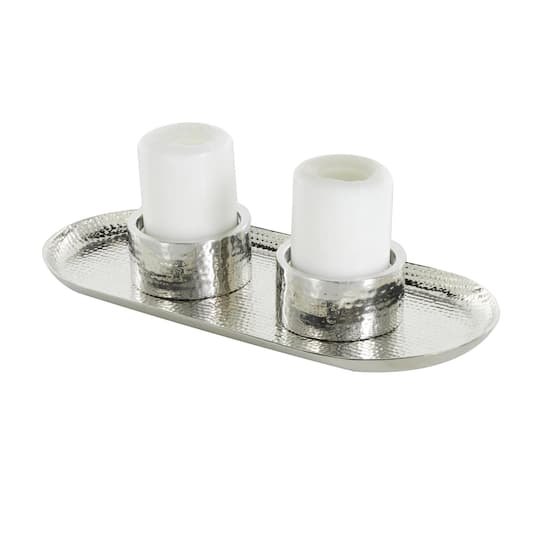 16 Silver Stainless Steel Metal Hammered Candle Holder with Oval Tray Plate By Ivory And Iris | Michaels