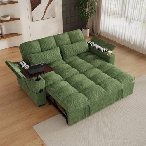 Anysun – 65 3-in-1 Corduroy Convertible Sofa Bed – Pullout Design with 360 Swivel Table, Easy Assembly for Living Room – Gray