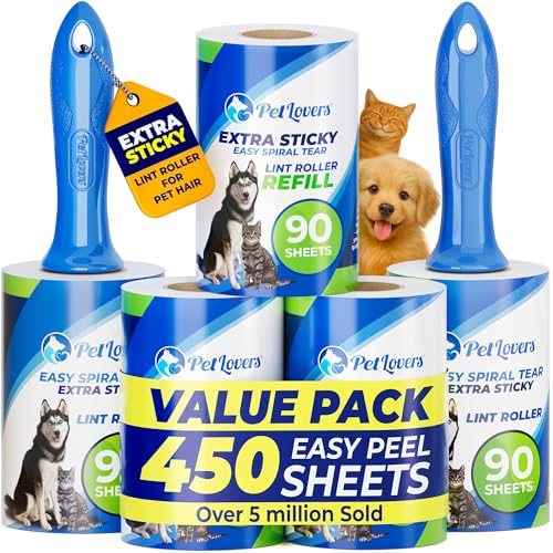 PetLovers Extra Sticky Lint Roller Mega Value Set 450 Sheets for Pet Hair Removal