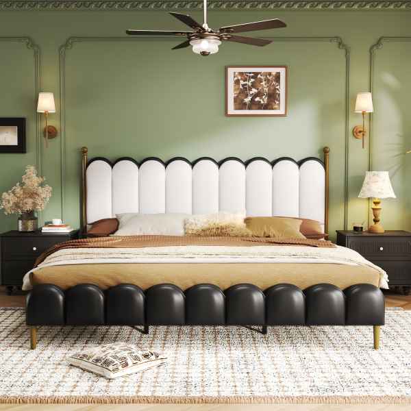 Christopher Knight Home Classic PU Faux Leather Upholstered Platform Bed with Curved Headboard Footboard and Reinforced Wood Slats - King - Black and
