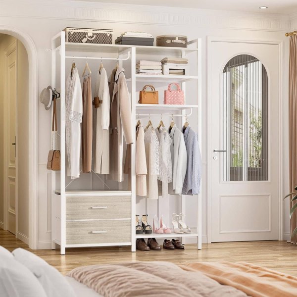 Aheaplus - 6-Tier Heavy-Duty Clothes Rack / Reversible Shelves & 2 Drawers - Space-Saving Freestanding Closet Organizer - White Oak