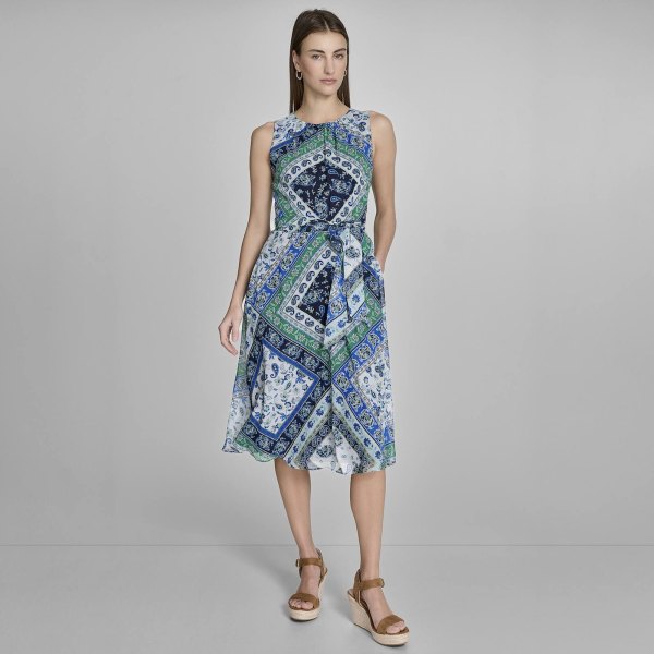 Womens Harper Rose Sleeveless Belted Midi Dress, Size: 4, Blue Green Bandana