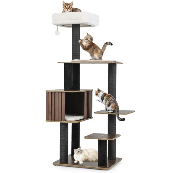SUGIFT 59.5-in Tall Multi-Level Cat Tree for Indoor Cats 6-Level Cat Tower with Fence-Style Cat Condo Cushioned Top Perch Detachable Washable