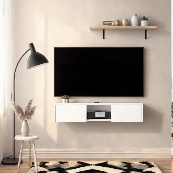 Naturefalls Wall-Mounted TV Console with Two-Door Storage and Open Shelf Soft White Pine 49-Inch one_size | X73P4XRSTW6F