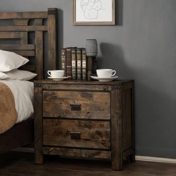 Naturefalls Rustic/Industrial Two-Drawer Nightstand with Metal Handles Brown Finish Solid Wood 26.8 L Large | ECLMHELFW5P4