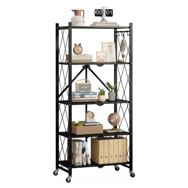 SUGIFT 5-Tier Foldable Metal Storage Shelf with Wheels No Assembly Heavy-Duty Rolling Organizer 750-lb Capacity for Garage Home Office Black