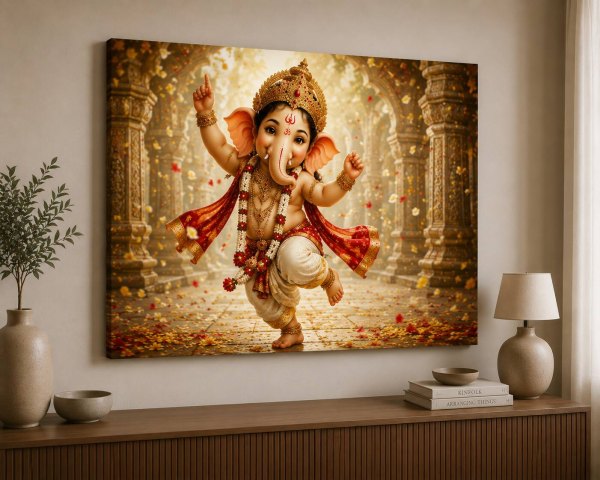 FC Design - Large Baby Ganesha Dancing Canvas Print 24x36 Joyful Hindu Temple Spiritual Art Painting Home Wall Decor - MultiColor