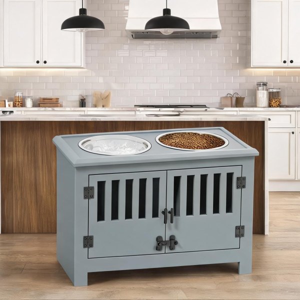 Indoor Dog Feeding Station with Storage Cabinet Elevated Double Bowl Stainless Steel