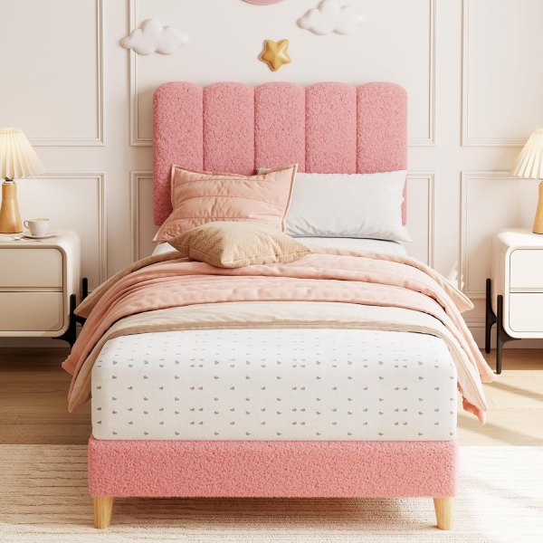 Aoile Twin XL Pink Boucle Upholstered Platform Bed Frame with Curved Headboard Low Profile Design Metal Frame Wood Slat Support Noise Reducing Joints