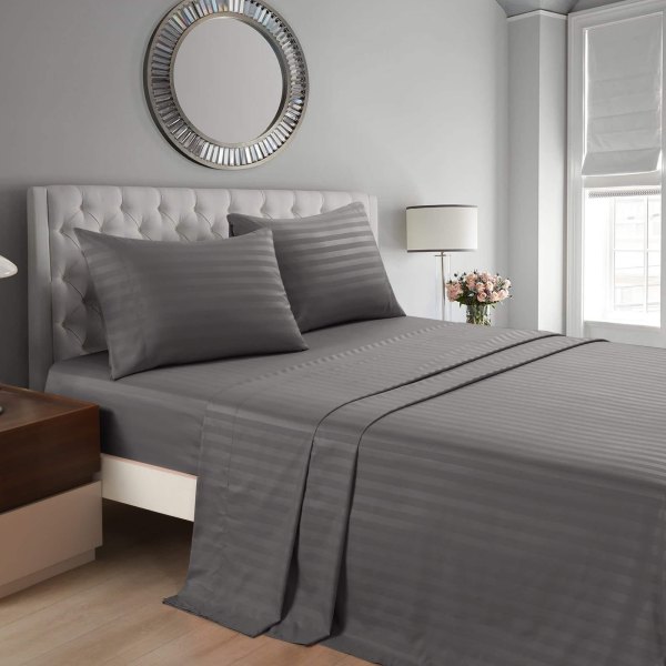 MarCielo 4-Pieces Soft Striped Bed Sheets with 18 inches Deep Pocket Dark Gray