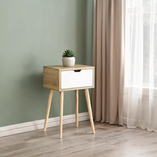 SunJet White Finish Mid-Century Nightstand with Drawer and Rubberwood Legs 15.7 in H one_size | 84T73NUK7WNE