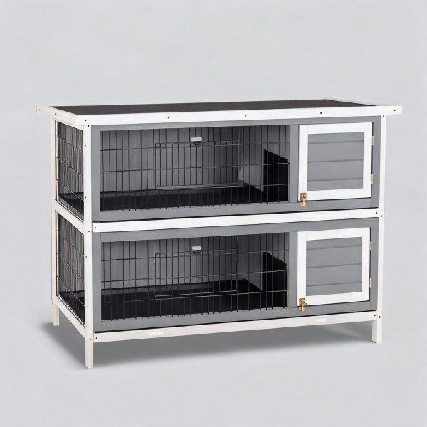 sunjurt Two-Story Fir Wood Rabbit Hutch with Lockable Doors and Asphalt Roof Soft Gray 54 in. one_size | E99ZFG05HCZ8