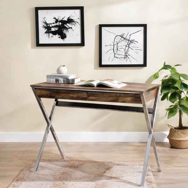 Watnature Oak Wood 36.5 Inch 2-Drawer Writing Desk Modern Rustic Style Chrome Metal Construction one_size | N270MRIDGB7F