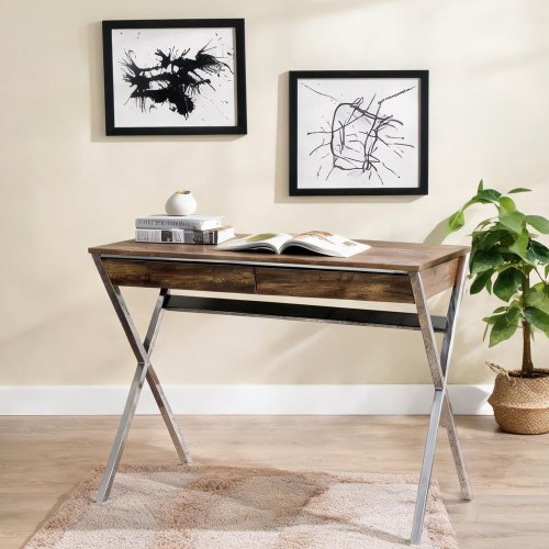 Watnature Oak Wood 36.5 Inch 2-Drawer Writing Desk Modern Rustic Style Chrome Metal Construction one_size | N270MRIDGB7F