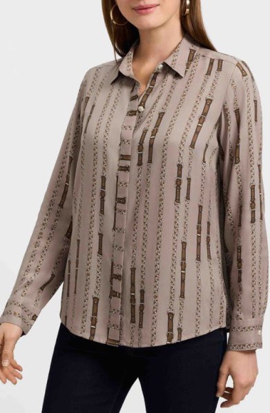 Foxcroft Luna Chain Stripe Button-Up Shirt in Brown Multi at Nordstrom, Size 18