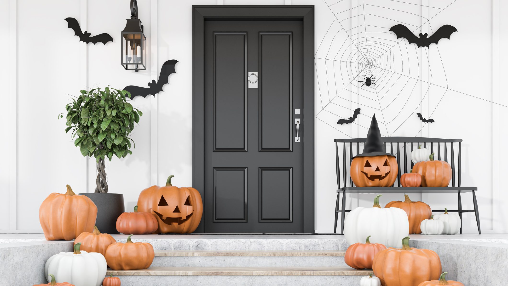 Carved pumpkins, bats and spiders on stairs and bench near modern house with black front door, tree in pot and white walls. Concept of halloween. 3d rendering