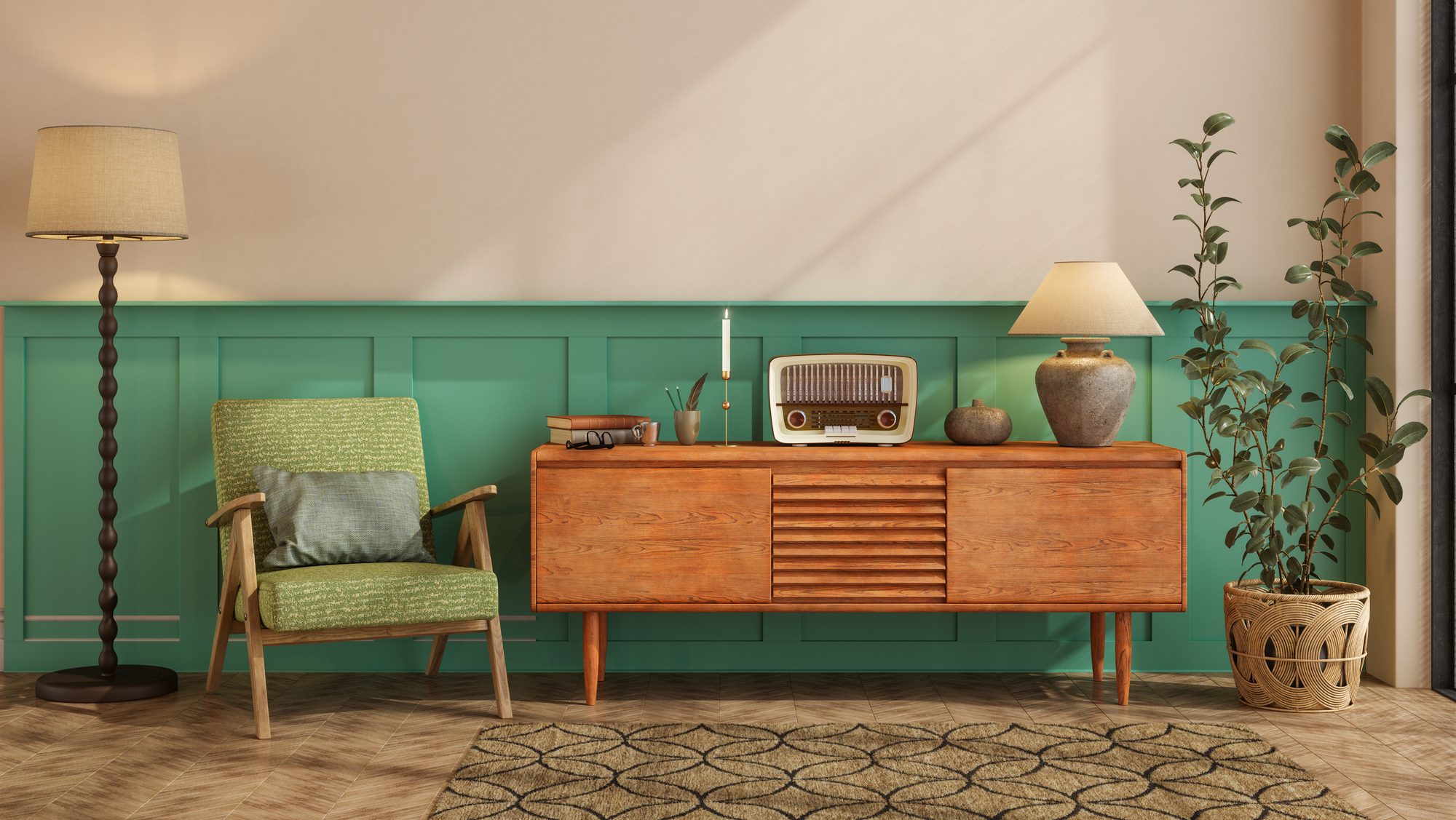 Retro Living Room With Green Armchair, Dresser, Floor Lamp And Potted Plant