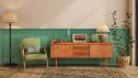 Retro Living Room With Green Armchair, Dresser, Floor Lamp And Potted Plant