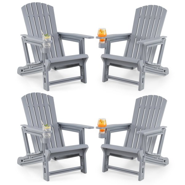 Costway - HDPE Adirondack Chair Set of 4 with Cup Holder, Wood-Like Texture, High Backrest - Gray