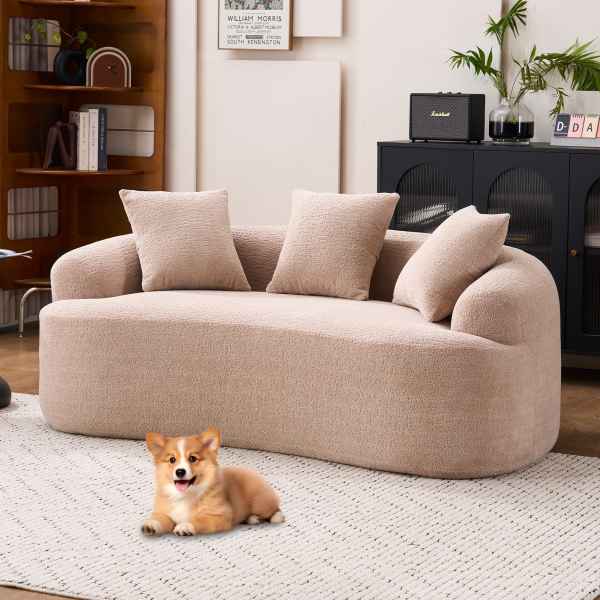 Anysun - 65 Curved Chenille Loveseat Sofa - Full Compression Sponge, No Assembly, 300 lbs Capacity, Includes 3 Pillows - Beige