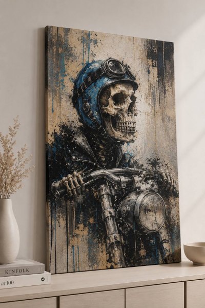 FC Design - Large Biker Skull Rider Wall Art Canvas Print 24x36 Vintage Motorcycle Rebel for Garage Painting for Home Decor - MultiColor