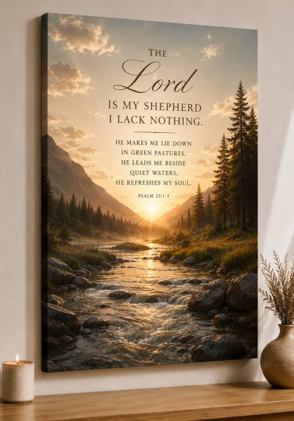 FC Design - Large The Lord Is My Shepherd Scripture Wall Art Canvas Print 24x36 Mountain River Nature Peaceful Home Decor - MultiColor