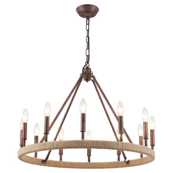 Calvin 12-Light Antique Distressed Rust Red Candle Style Farmhouse Dimmable Kitchen Island Round Wagon Wheel Chandelier