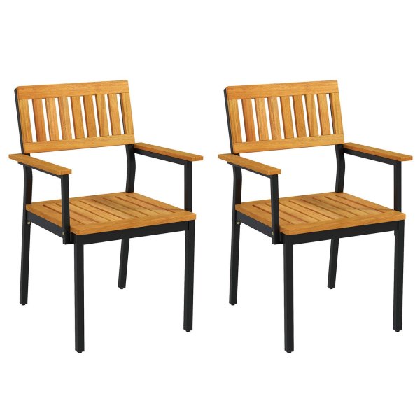 Costway - Dining Chair Set of 2 with Acacia Wood Backrest Slanted Seat Comfortable Armrests - Natural + Black