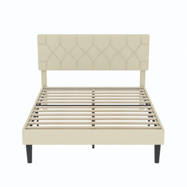 Upholstered Bed Beige Metal Frame Queen Platform Bed with Button Tufted Headboard, Wood Slat Support