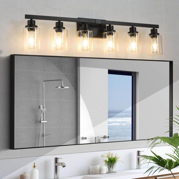 37 in. 6-Light Black Vanity Light with Clear Glass Shade