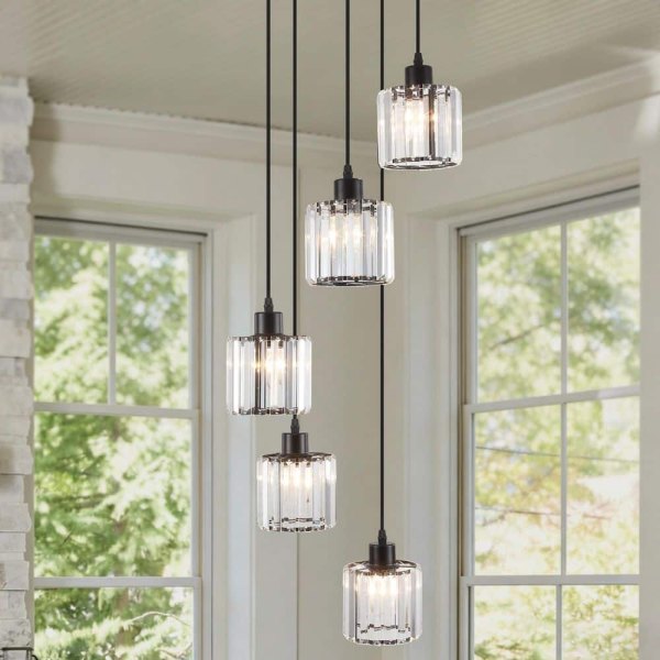 60-W 5 Light Matte Black Cluster Crystal Chandelier Modern Industrial Hanging Pendant Light with Crystal Shades