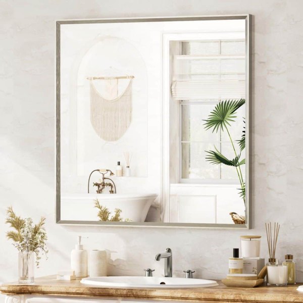 2-Pack 36 in. W x 36 in. H Framed Nickel Wall-Mounted Beveled Frame Bathroom Vanity Mirror, Brushed Nickel