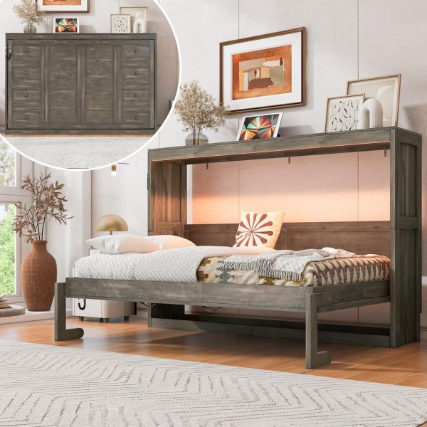 Brown Wood Frame Twin Size Murphy Bed Cabinet Bed with 7-Colors LED Light