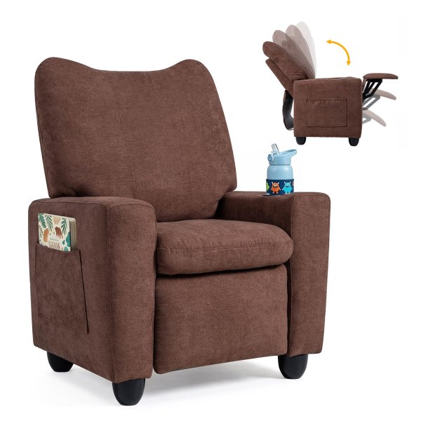 Costway - Kids Recliner with Adjustable Backrest Footrest Cup Holder Side Pockets for Ages 3+ - Brown