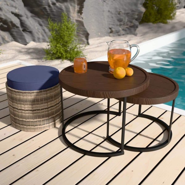 3-Piece Light Brown 22.8 in. Round Wood Top Coffee Table with Nesting Table, Wicker Ottoman with Blue Cushion