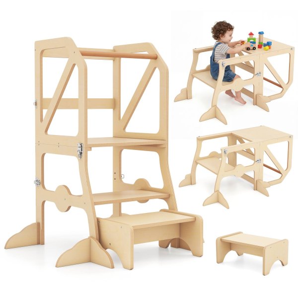 Gymax - 2 in 1 Toddler Tower w/Removable Safety Bar for Children 3+ Years Old Natural - Yellow