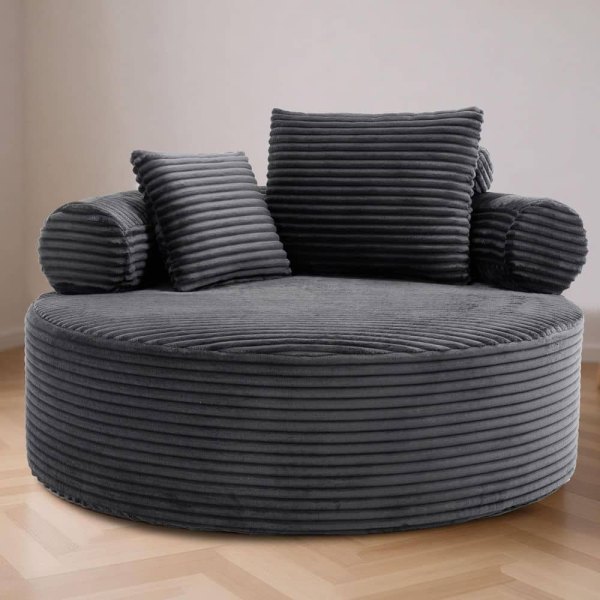 55.5 in. Armless Plush Corduroy Round Sofa in Dark Gray Accent Chair Cloud Couch with Pillows