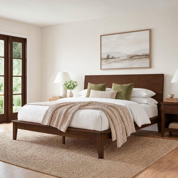 Lexy Walnut Brown Solid Wood Frame Queen Platform Bed with Angled Headboard in Rubberwood