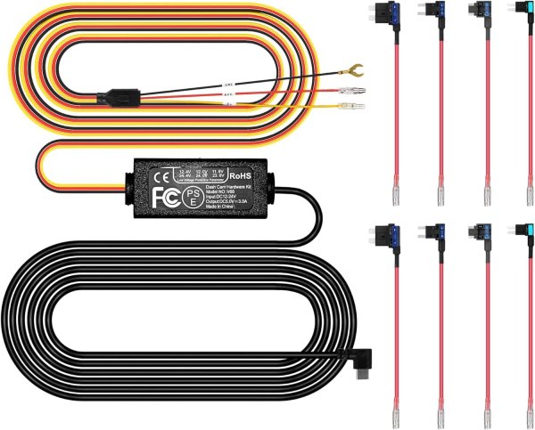 pelsee - Type-C Hardwire Kit for Dash Cam, 12V-24V to 5V Cable, Low Voltage Protection, LED, Dual Fuse Cables & Tool - Black