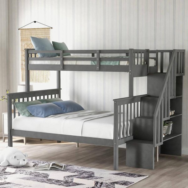 Twin over Full Wood Bunk Bed with Storage Staircase, Can Separate into Two Beds