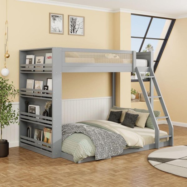 Gray Twin over Full Chic Rattan Bunk Bed with Ladder, LED Lighting and 4-tier Side Bookshelf