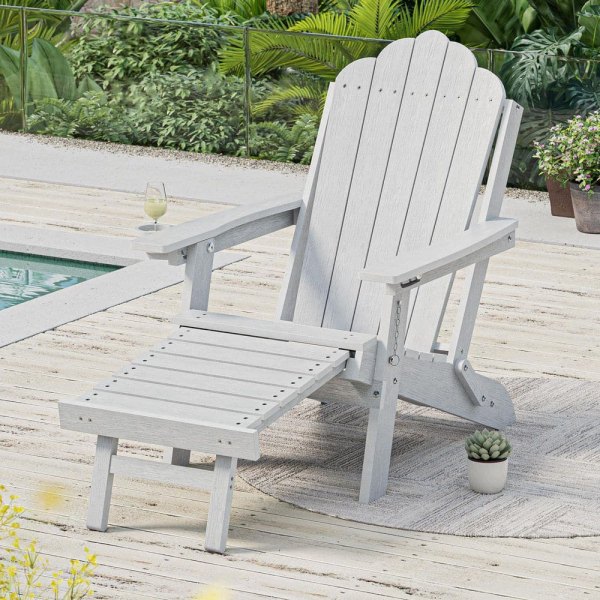 White Folding HDPE Plastic 3-Position Adjustable Outdoor Adirondack Chair, with Retractable Ottoman, Set of 1