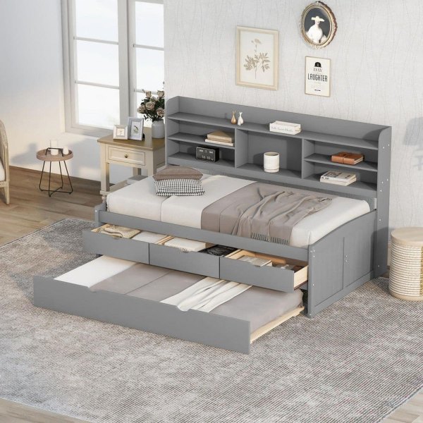 Twin with Built-in Bookshelves, Storage Drawers