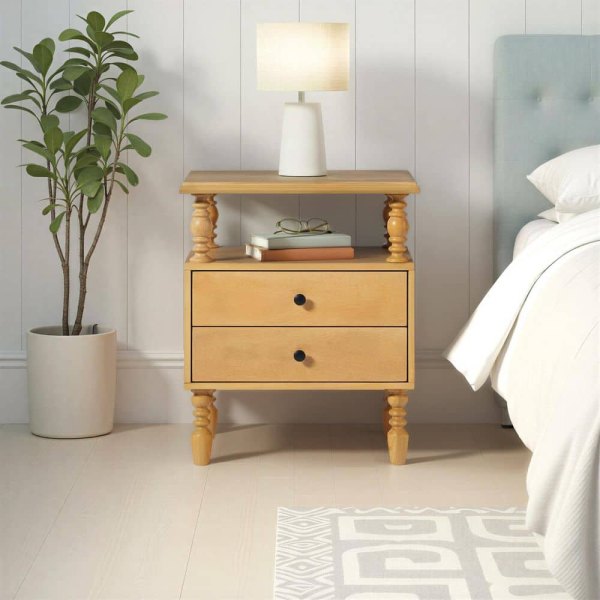 Modern Farmhouse Easy Assembly Natural 2-Drawer 22 in. W Solid Wood Spindle-Detailing Nightstand