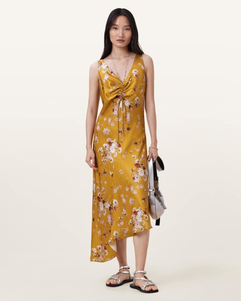AllSaints Alexia V-Neck Drawstring Midi Slip Dress