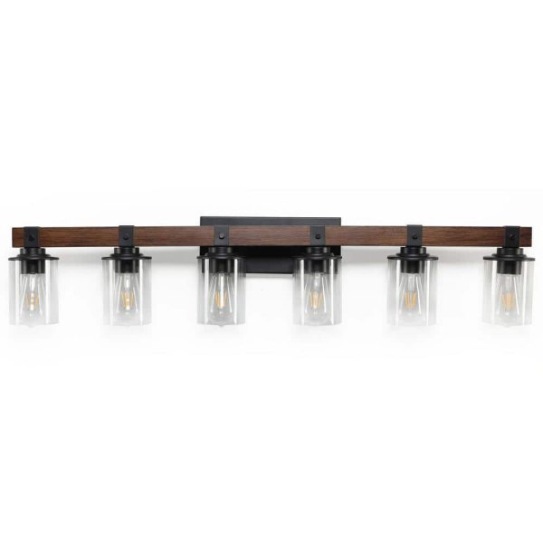Farmhouse 42.3 in. 6-Light Walnut and Black Bathroom Vanity Light with Glass Shade